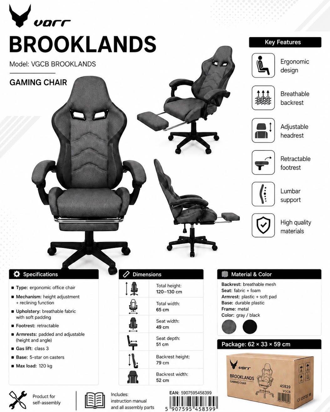 VARR GAMING CHAIR Spēļu krēsls BROOKLANDS