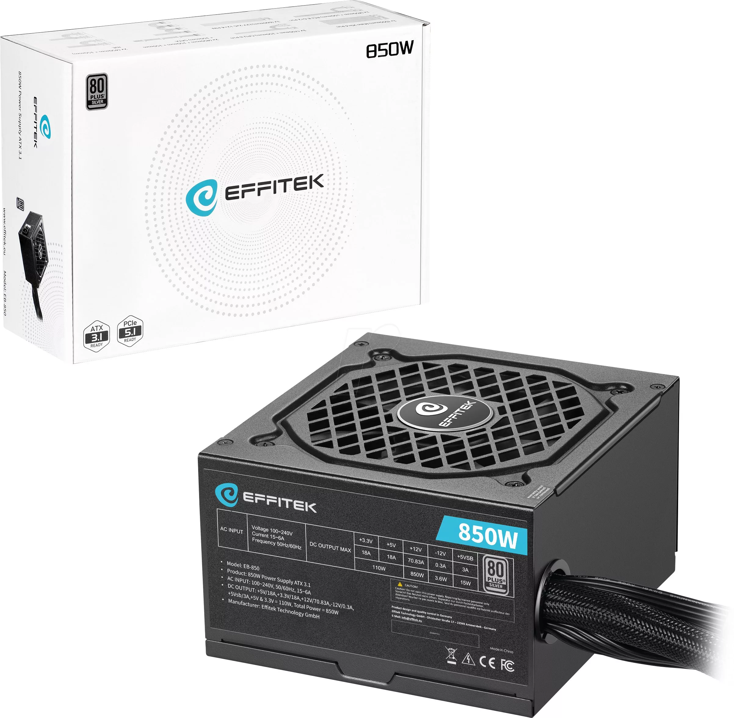 Barošanas bloks EFFITEK 850W Silver ATX