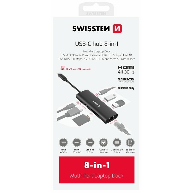 Swissten 8in1 USB-C Hubs Alumīja Centrmezgls
